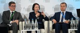 Na zdjęciu jest siedząca prezes zarządu Narodowego Funduszu Ochrony Środowiska i Gospodarki Wodnej, Dorota Zawadzka-Stępniak, która trzyma w prawej ręce mikrofon i przemawia. Po jej lewej i prawej stronie siedzą mężczyźni, są to pozostali uczestnicy panelu dyskusyjnego. A za nimi jest ścianka wydarzenia Europejskiego Kongresu Finansowego.