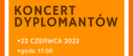 Plakat na żółtym tle z elementami instrumentów muzycznych i logo szkoły oraz tekstem ”Koncert dyplomantów 22 CZERWCA 2022 - godz. 17:00 sala koncertowa"