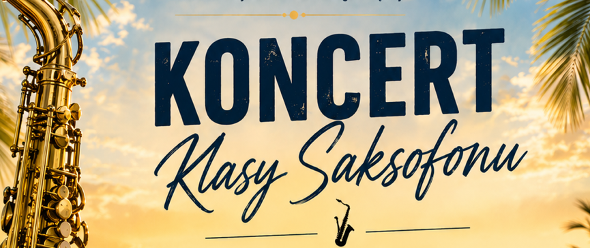 Plakat z wydarzeniem - Koncert klasy Saksofonu Dawida Pliskowskiego, który odbędzie się 12 czerwca 2026r. o godz. 17:30 w auli ZPSm w Dębicy; tło plakatu: po lewej stronie umieszczono saksofon błyszczący w słońcu, przed nim leży kapelusz i okulary przeciwsłoneczne, wszystkie te elementy znajdują się na drewnianym molo, w górnym prawym rogu widać gałązki palmy, które owinięte są światełkami w kształcie świecących żarówek; środek plakatu wypełniony jest zachodem słońca na tle morza po którym płynie łódka z rozwiniętym żaglem. Po prawej stronie w dolnym rogu jest rozmyta granatowa plama w której wpisano żółtym i białym kolorem dzień, godzina i miejsce wydarzenia, nad nią w złotym odcieniu umiesczono nuty na pięciolinii.