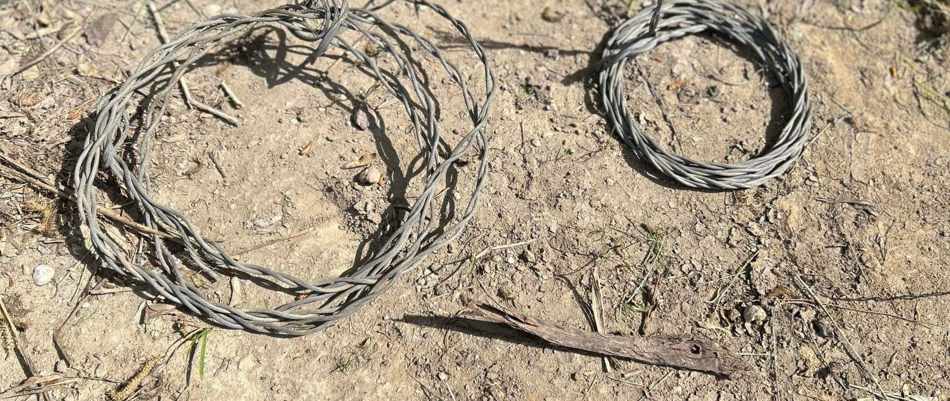 Leżące na ziemi stalowe linki stanowiące zdemontowane wnyki 