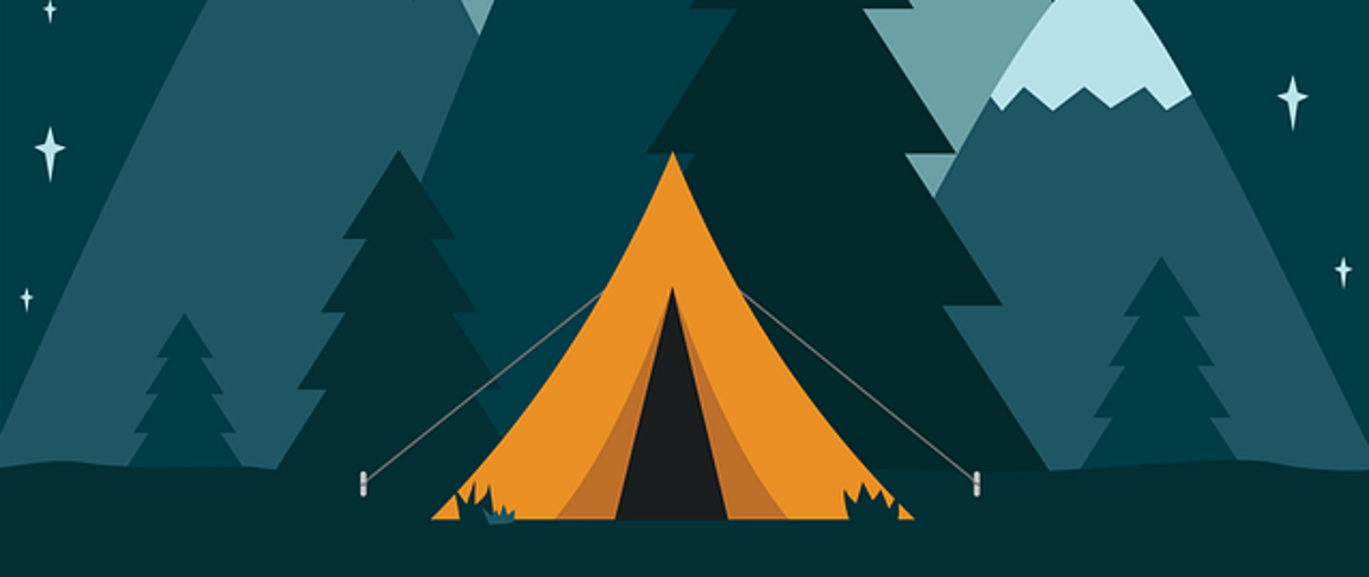Grafika przedstawia namiot rozbity górach przy rozgwieżdżonym niebie