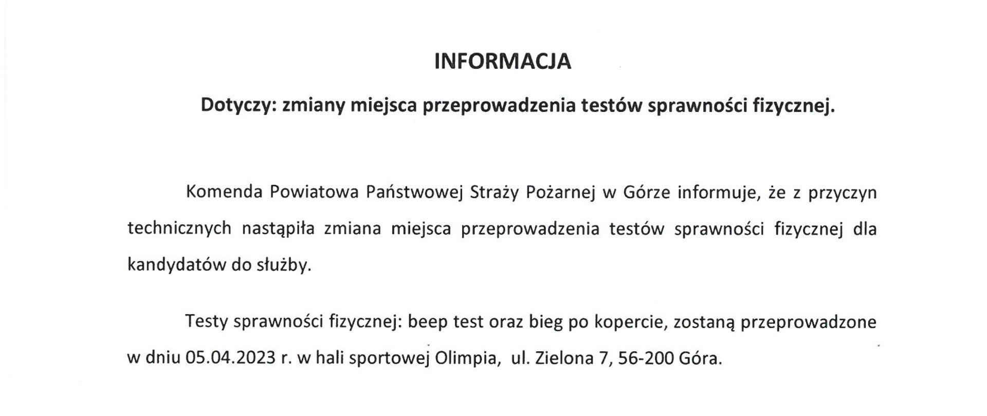 Zmiana miejsca przeprowadzania testów sprawności fizycznej