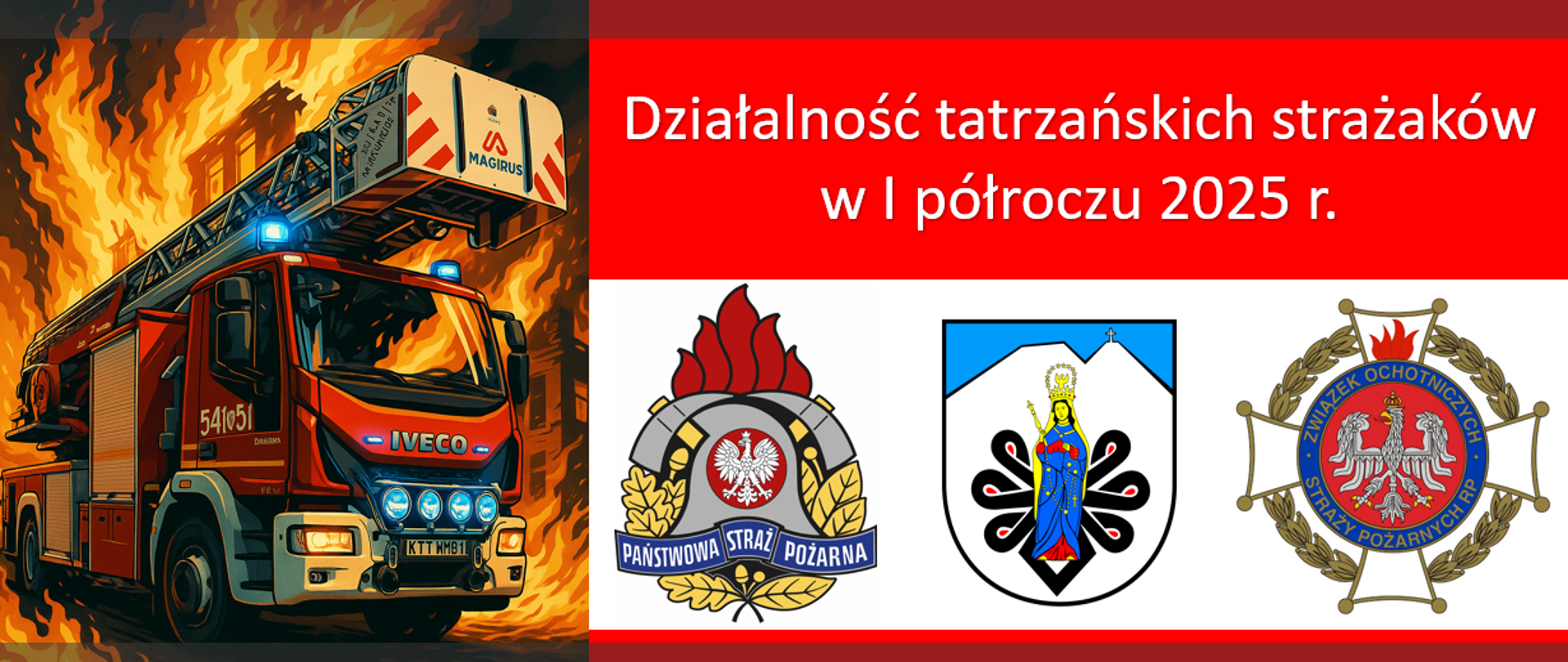 Zdjęcie przedstawia wóz strażacki z drabiną oraz logo PSP, OSP i powiatu tatrzańskiego