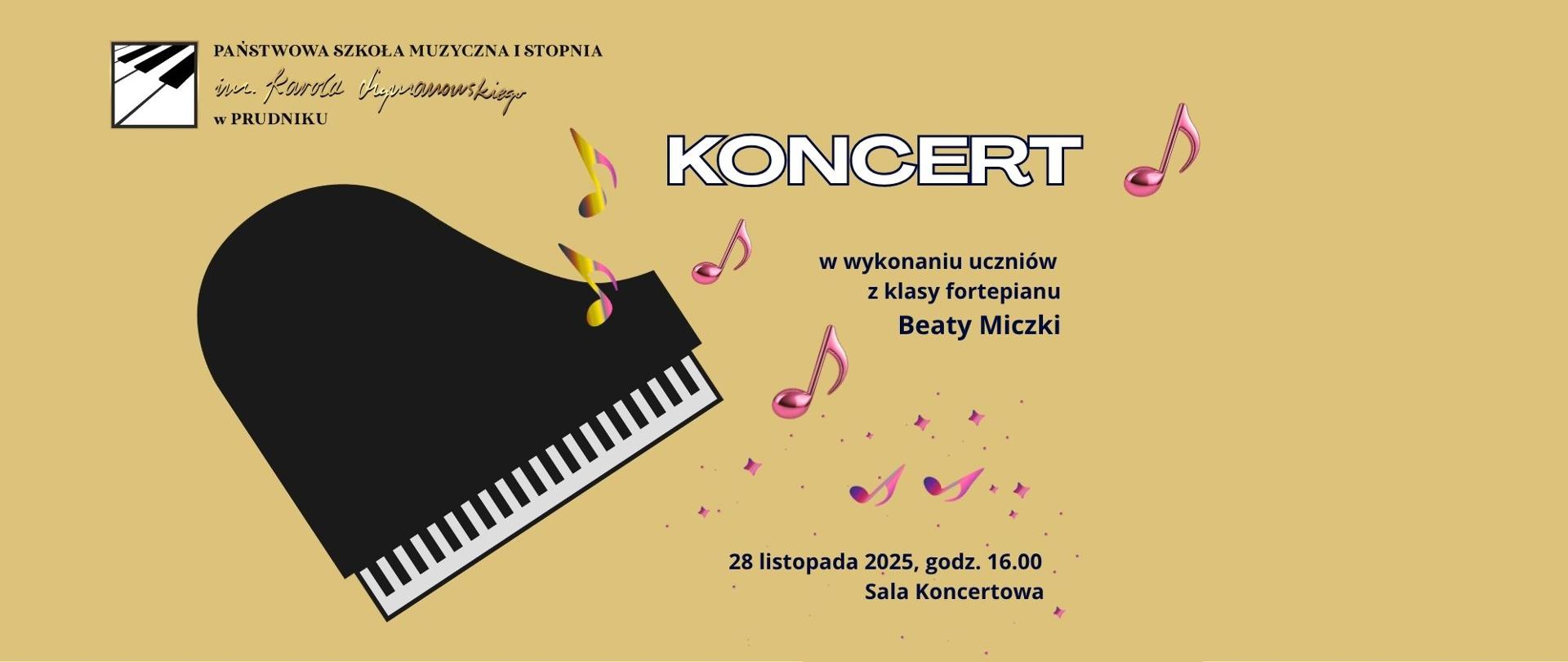 Baner z informacja o koncercie. Na jasnym tle napisy oraz grafika przedstawiająca fortepian.