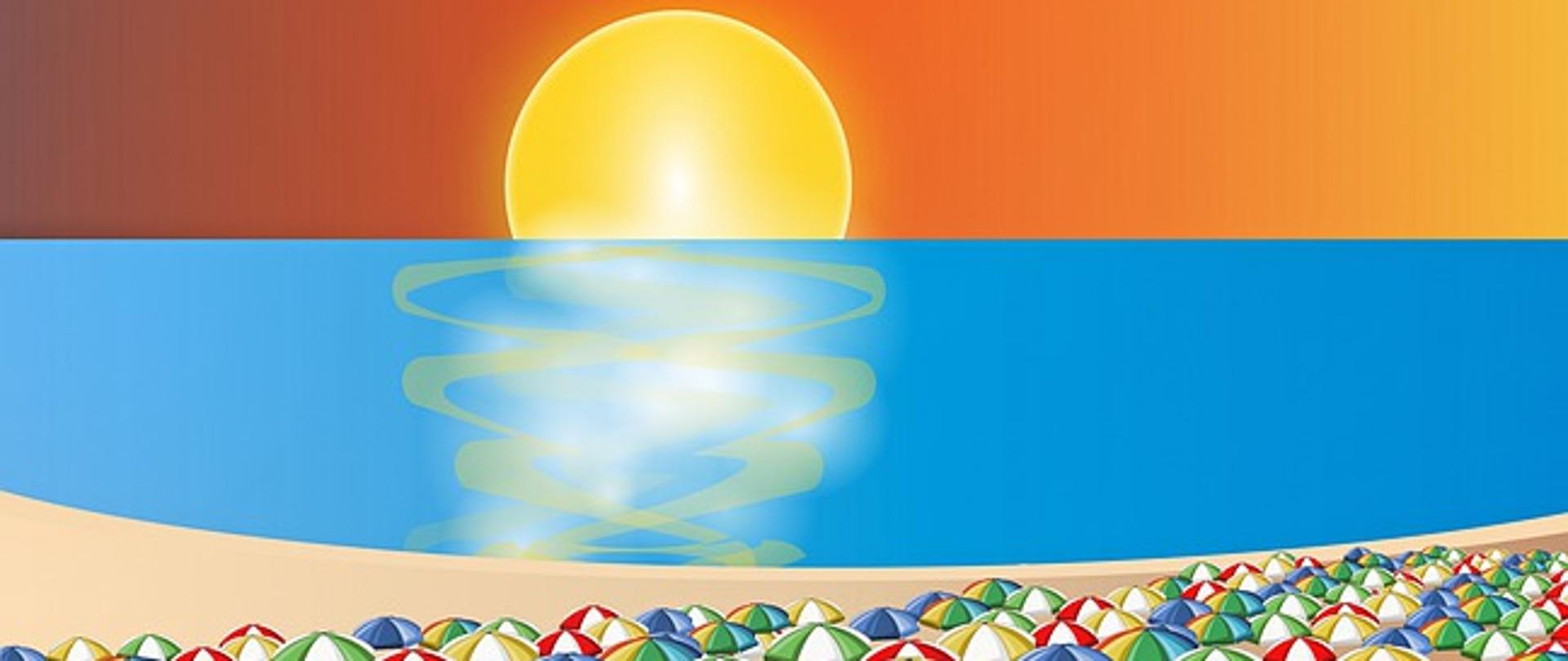 słoneczna plaża z kolorowymi parasolami