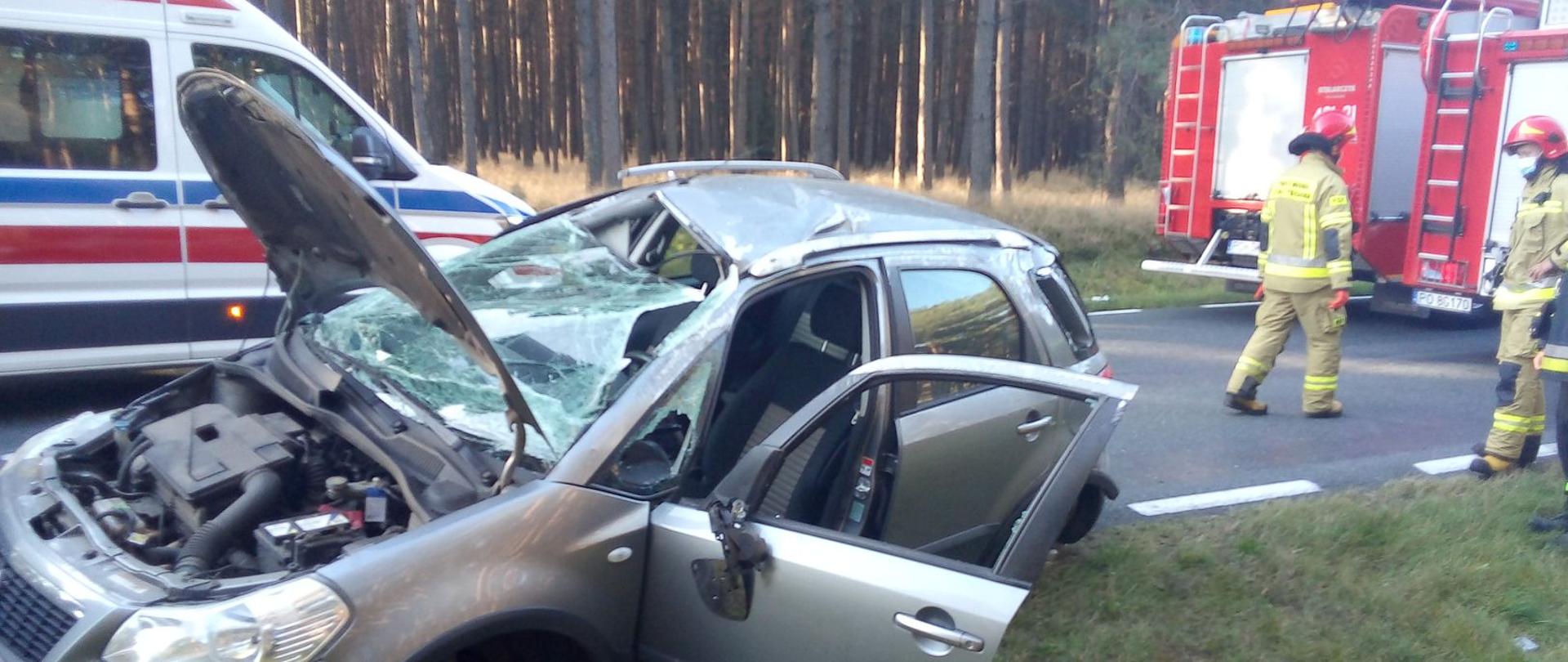 Samochód z uszkodzonym kołem, sto częściowo na drodze i częściowo na poboczu z podniesioną maską. Za nim stoi karetka ZRM. Obok stoją strażacy z PSP i samochody pożarnicze.