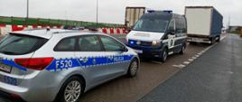 Kierowca zatrzymanego zespołu pojazdów został przekazany funkcjonariuszom Policji. Na pierwszym planie policyjny radiowóz, dalej inspekcyjny furgon i zatrzymana ciężarówka w MOP. Po lewej ruch na drodze.