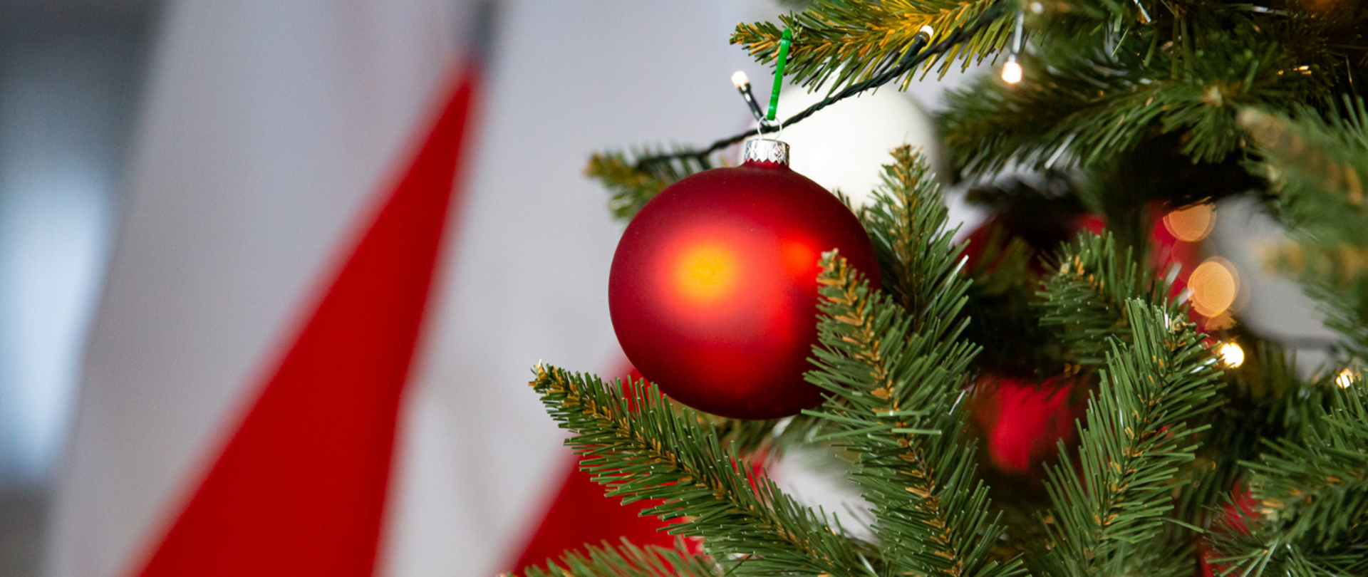 Na choince wisi czerwona bombka. W tle flagi. 