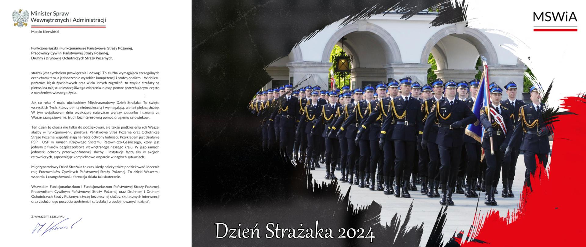 Zdjęcie przedstawia życzenia Ministra Spraw Wewnętrznych i Administracji kierowane do strażaków Państwowej Straży Pożarnej oraz Ochotniczych Straży Pożarnych z całego kraju. W tle strażacy z Pocztem Flagowym oraz Pocztem Sztandarowym 