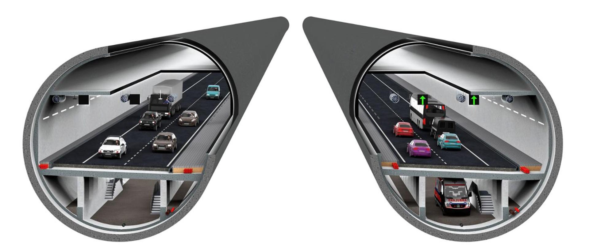 Grafika pokazująca przekrój przez tunel pod Odrą z widocznym wnętrzem tunelu i pojazdami