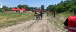 Zdjęcie przedstawia strażaków w trakcie ewakuacji symulowanej osoby poszkodowanej