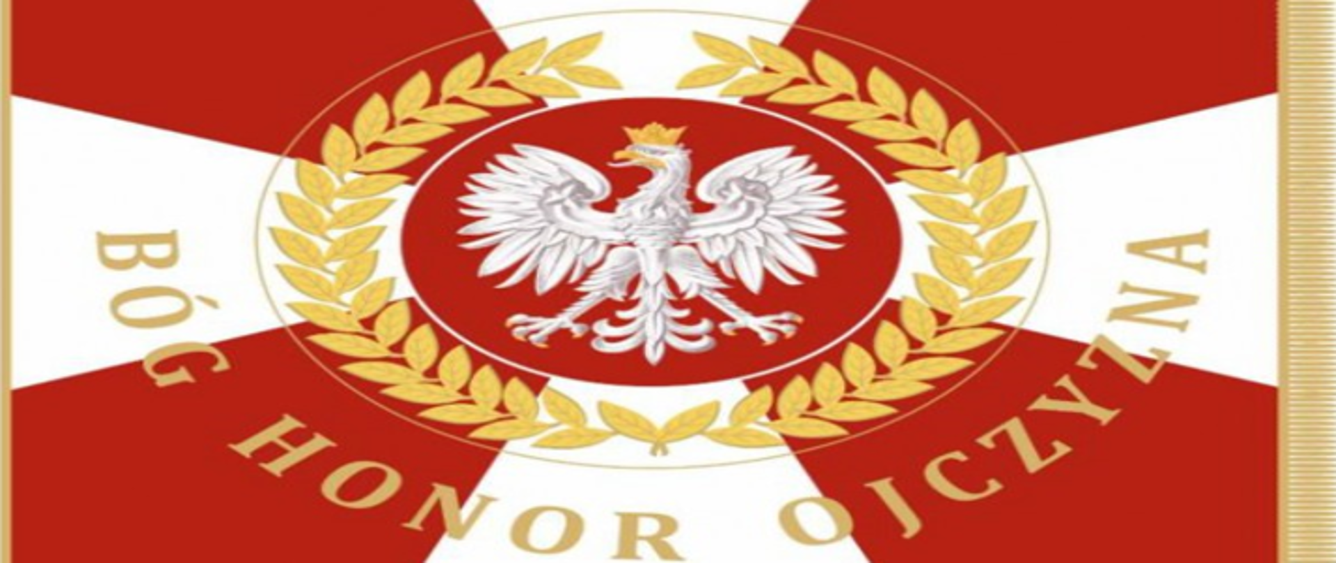 Fragment sztandar. Orzeł z Godła Polski przyobleczony w złoty wieniec laurowy. Pod nim znajdują się złote napisy BÓG HONOR OJCZYZNA.