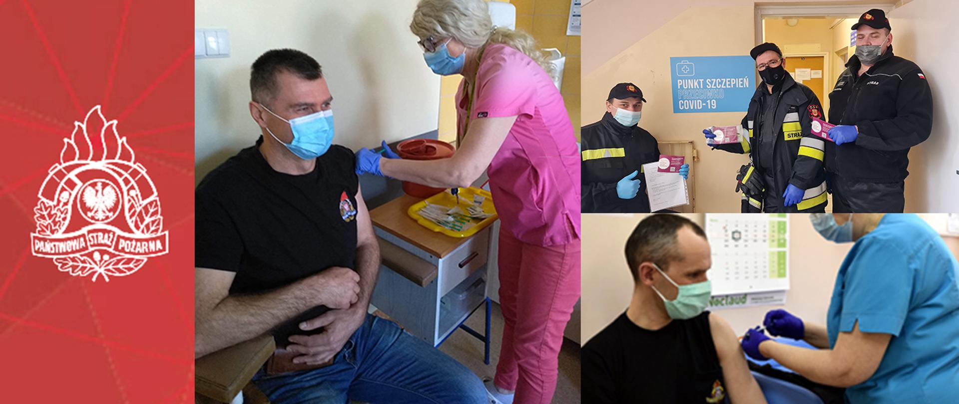 Kolaż 3 zdjęć strażaków podczas szczepień przeciwko COVID-19