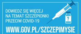 Niebieskie tło z białymi napisami i ilustracjami.