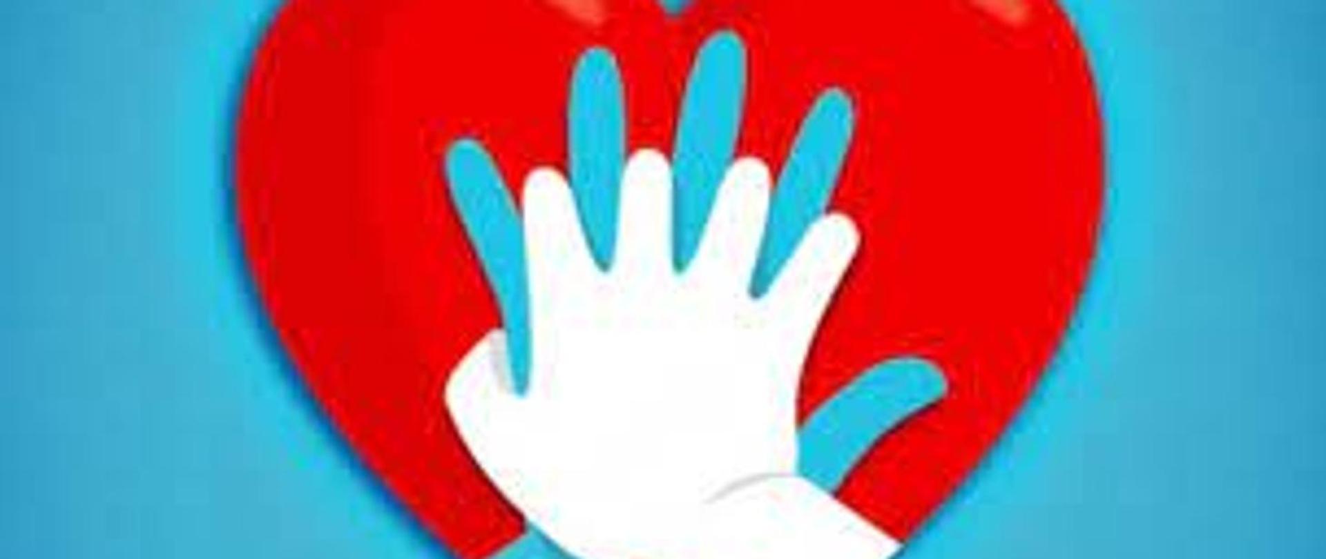 Obraz przedstawia czerwone serca na niebieskim tle. Na sercu ułożone są dwie dłonie w kolorze białym i niebieskim