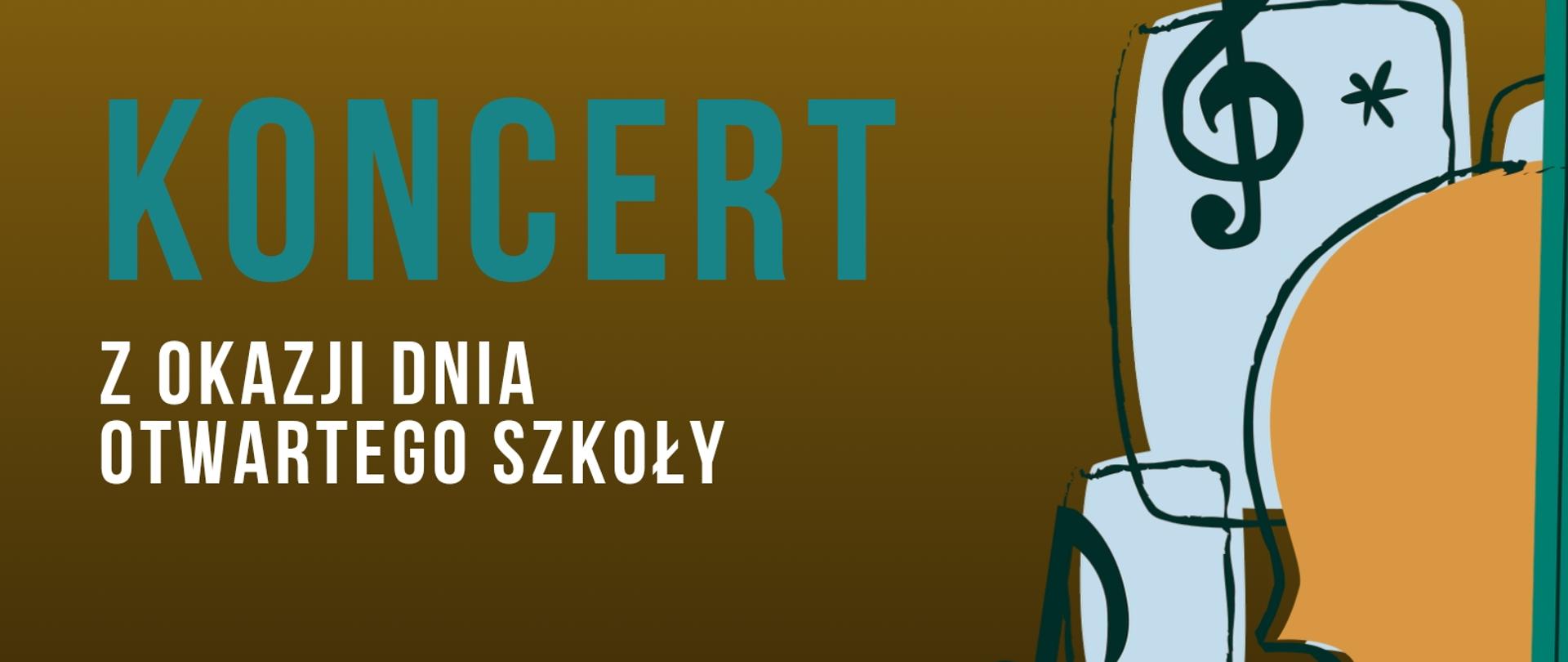 Plakat w ciepłej, złoto-brązowej kolorystyce z elementami w kolorze turkusowym. Na górze widoczna jest ilustracja trąbki, a po prawej stronie fragment skrzypiec oraz nuty. Tekst informuje: "Państwowa Szkoła Muzyczna I st. im. Jana Sebastiana Bacha w Grajewie zaprasza na koncert z okazji dnia otwartego szkoły". Słowo ‘KONCERT’ jest duże i wyróżnione na środku. Na dole podane są szczegóły: 28.04.2026, godz. 17.00, sala koncertowa. Całość ma nowoczesny, muzyczny charakter.