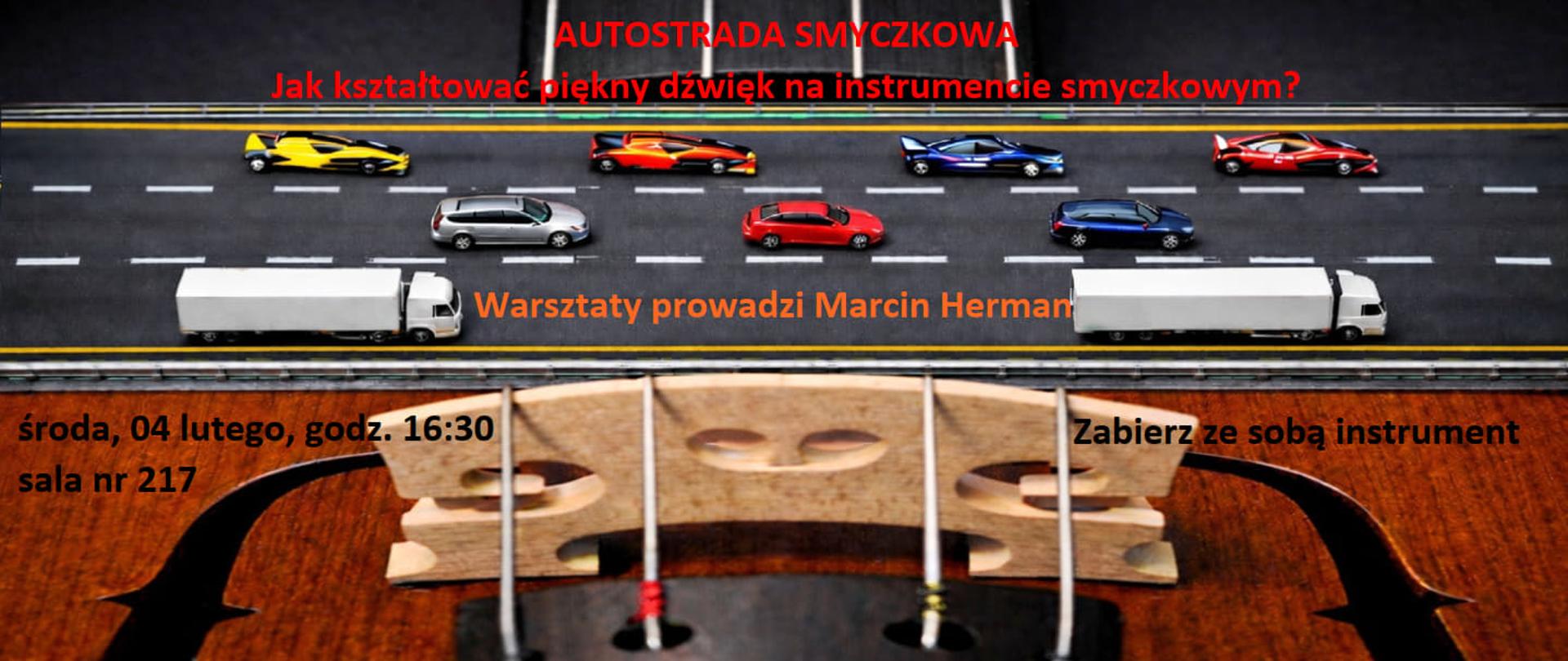 Grafika górnej części skrzypiec a na niej trzypasmowa autostrada z pojazdami i z napisami informacyjnymi o warsztatach w różnych kolorach 