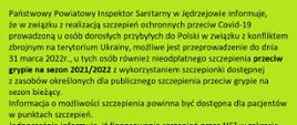 Informacja dot. realizacji nieodpłatnych szczepień przeciwko grypie na sezon 2021/2022 u dorosłych obywateli Ukrainy, przybyłych do Polski w związku z konfliktem zbrojnym