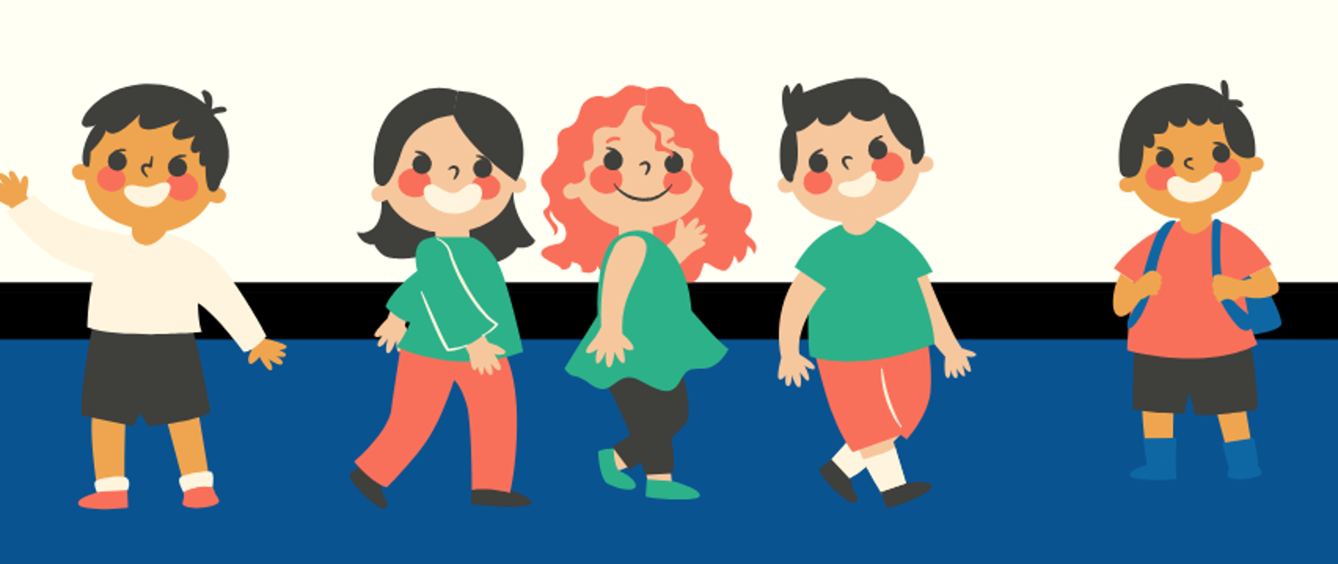 Granatowo kremowe tło, na dole namalowane kolorowe dzieci, w górnym lewym rogu logo szkoły, na środku informacje dotyczące zajęć umuzykalniających dla dzieci 5-7 lat.