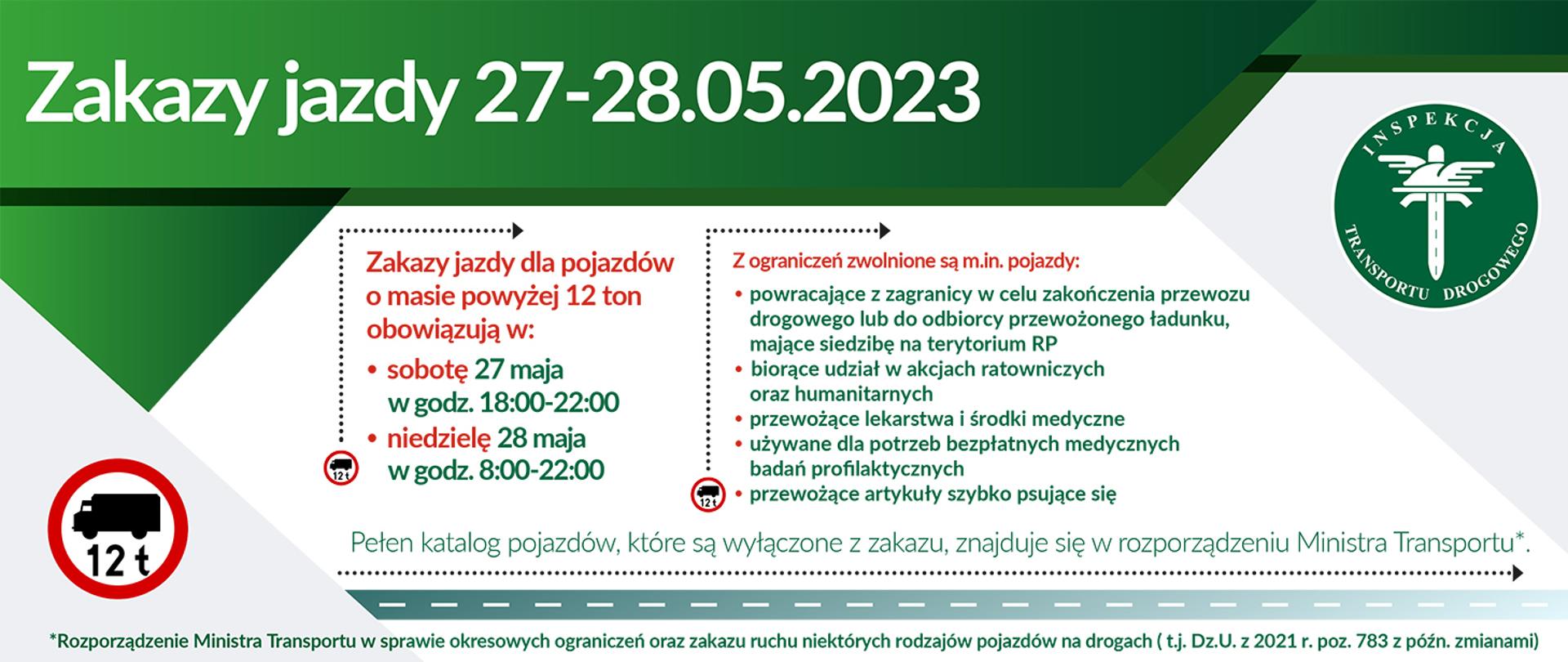 Grafika informująca o zakazach jazdy w dniach 27-28 maja. Na grafice jest informacja o tym, że zakazy jazdy dla niektórych pojazdów ciężarowych, obowiązują w sobotę między 18:00 a 22:00 i w niedzielę między 8:00 a 22:00.