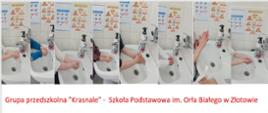 Zdjęcie przedstawiające mycie rąk przez uczniów z przedszkola