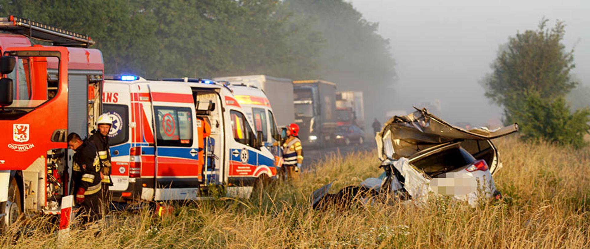 Zdjęcie przedstawia służby ratownicze podczas działań w czasie wypadku.n
Widać karetkę, straż pożarną oraz rozbite auto.