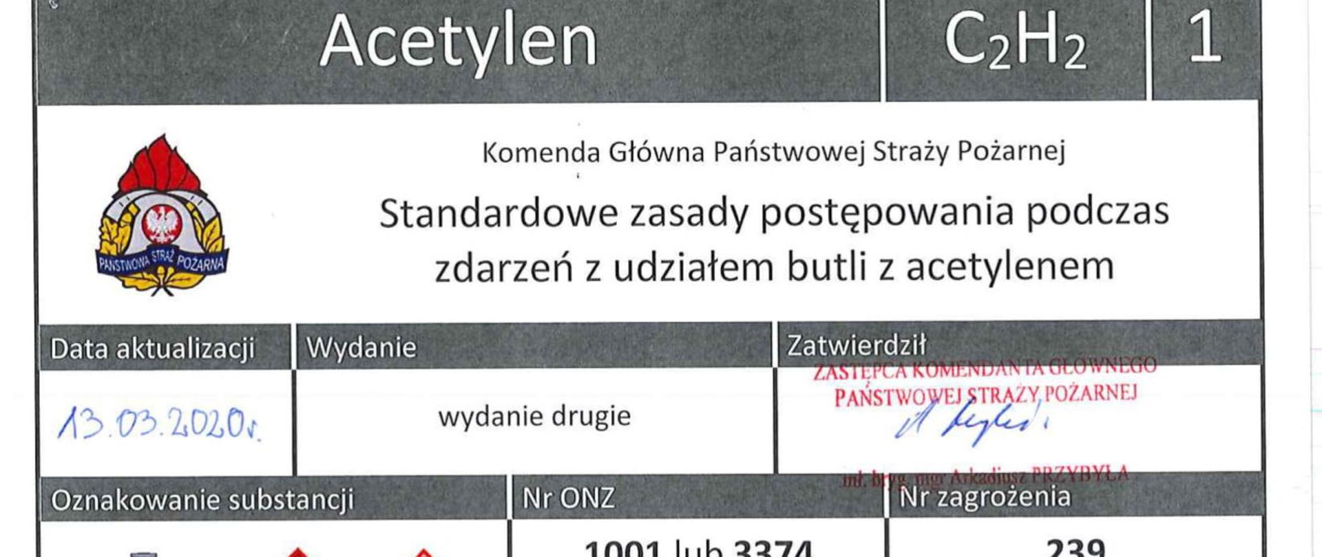 Pierwsza strona standardowych zasad postępowania podczas zdarzeń z udziałem butli na acetylen. Dokument opracowany przez KG PSP z podpisem zatwierdzającego. Data aktualizacji 13.03.2020r. Wydanie drugie dokumentu. 