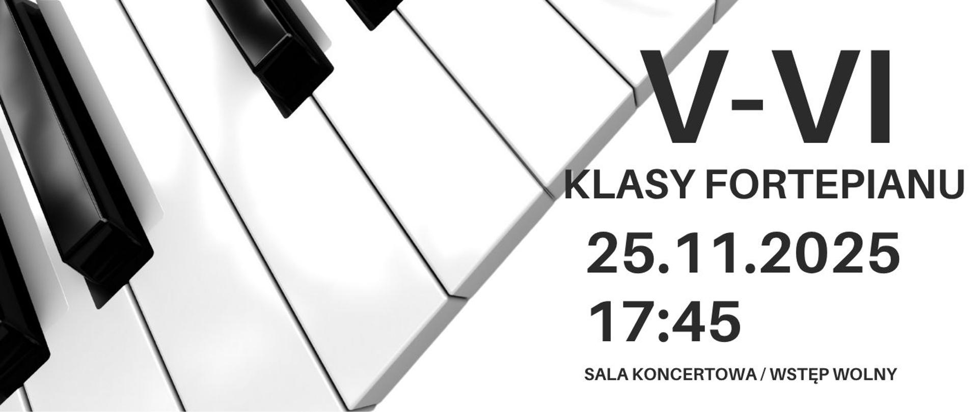 Plakat informacyjny dotyczący popisu klasy fortepianu kl. V - VI odbywającego się w dniu 25.11.2025 o godz. 17.45.