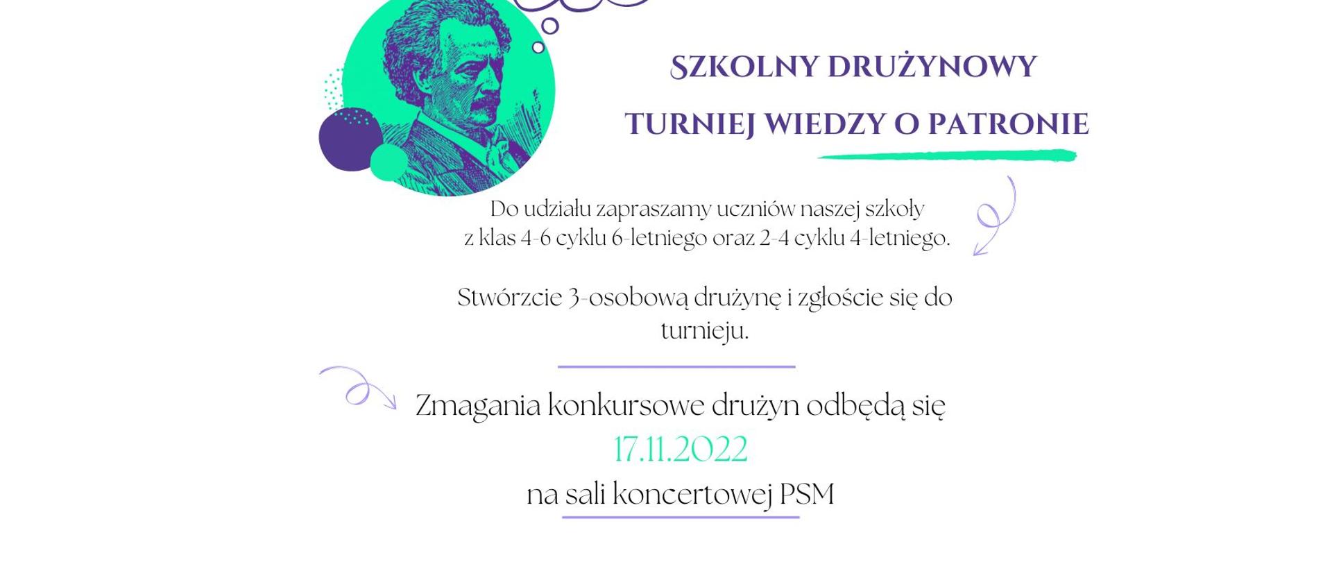 plakat konkursu z wizerunkiem I.J. Paderewskiego w zielonym okręgu. Na białym tle podana data, miejsce i zapowiedź konkursu