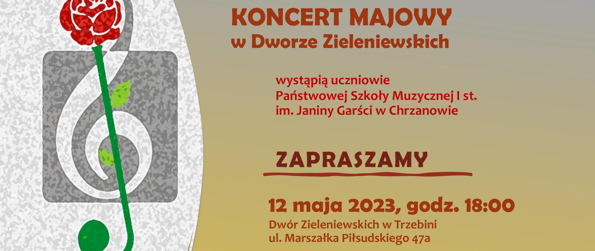 afisz: po lewej stronie czerwona róża wpleciona w klucz wiolinowy, po prawej – na szaro-pomarańczowym tle – informacja o koncercie uczniów PSM w Dworze Zieleniewskich w Trzebini 12 maja 2023, godz. 18:00