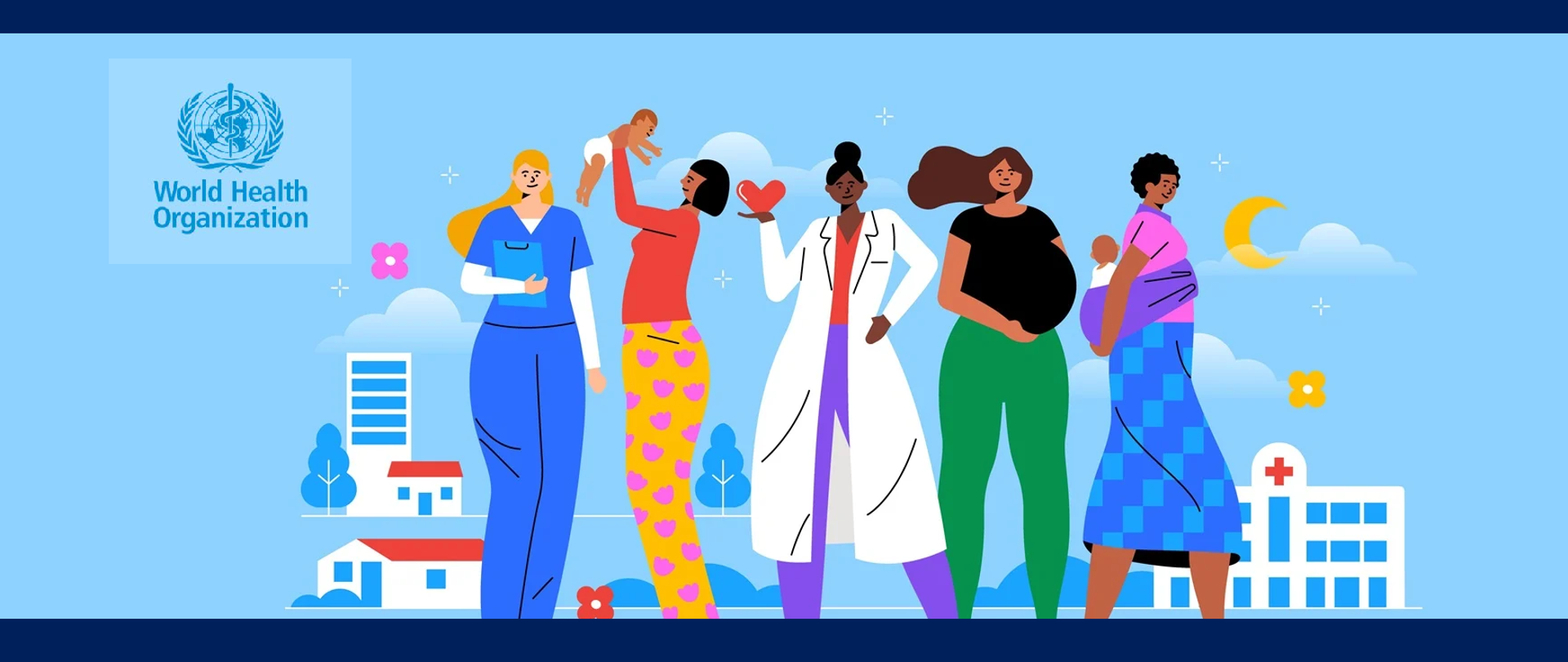 Na zdjęciu grafika z kobietami, pięć kobiet, w jednym rzędzie są: kobieta w ciąży i mamy z małymi dziećmi oraz przedstawiciele służby zdrowia pielęgniarka i lekarka.