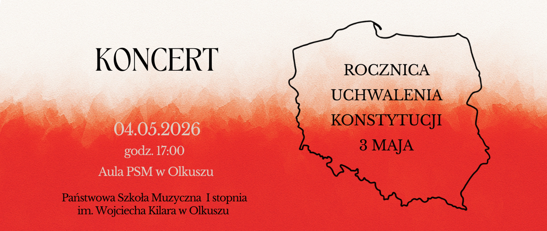 biało czerwone tło z prawej strony zarys polski, czarno białe napisy