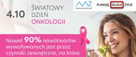 Kobieta trzymająca naczynie szklane z sałatką oraz napis 4 października - Światowy Dzień Onkologii