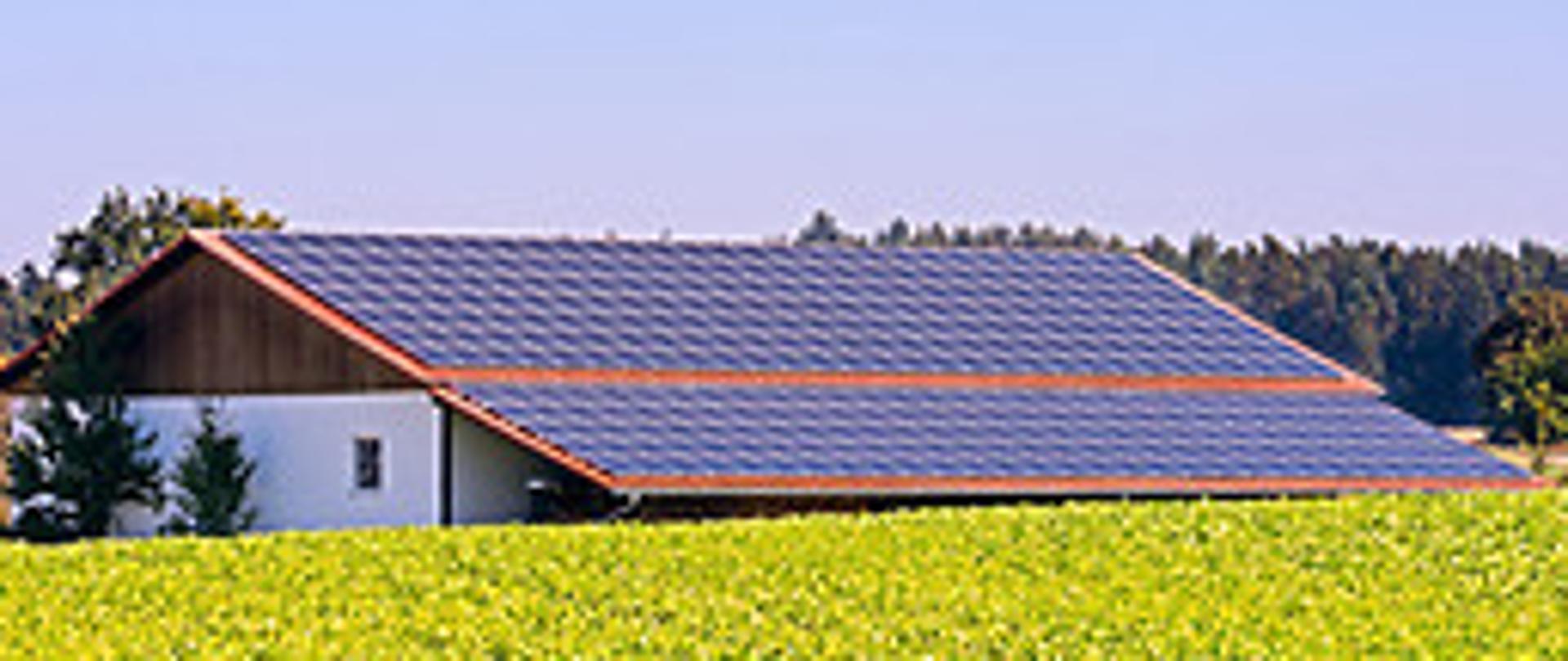 Green energy with solar collectors on the roof of an agricultural building