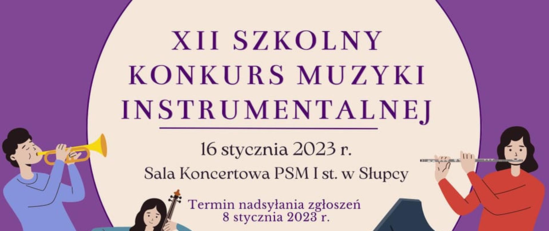plakat z informacjami o konkursie muzycznym z ikonografią muzyków z instrumentami na fioletowym tle