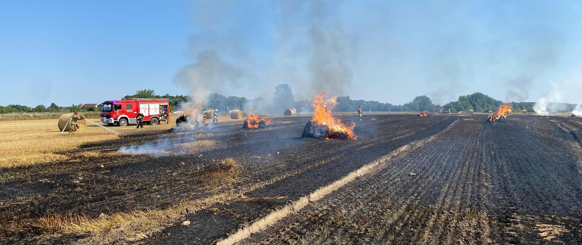 Ściernisko po pożarze oraz płonąca słoma