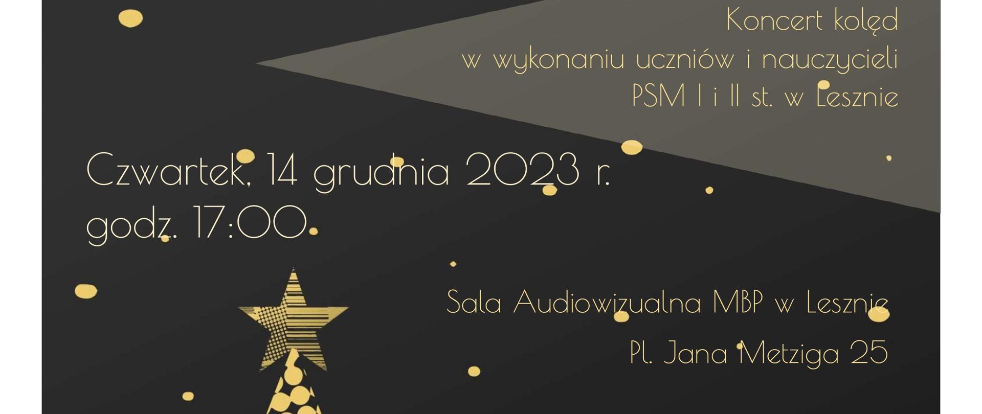 Plakat na czarnym tle z żółtymi kropkami. Na dole logo organizatorów. Powyżej białe i żółte grafiki choinek. W centrum i na górze białe napisy.