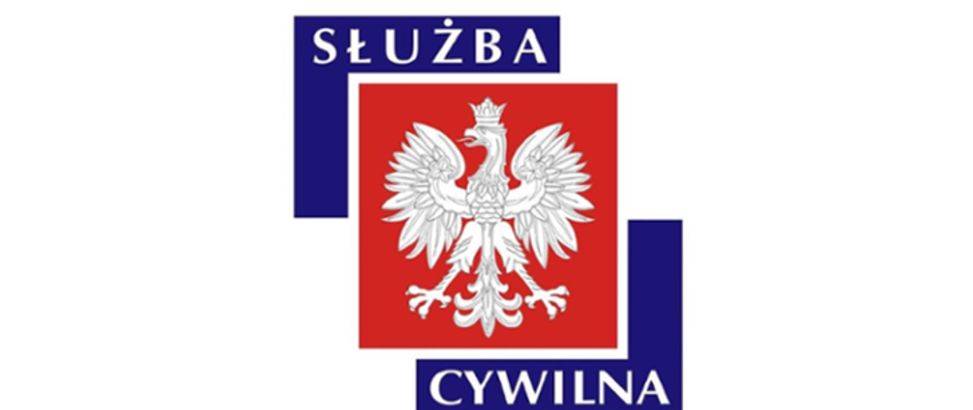 Logo Służby Cywilnej. Po środku orzeł biały na czerwonym tle. Po skosach białe napisy na niebieskim tle "służba cywilna"