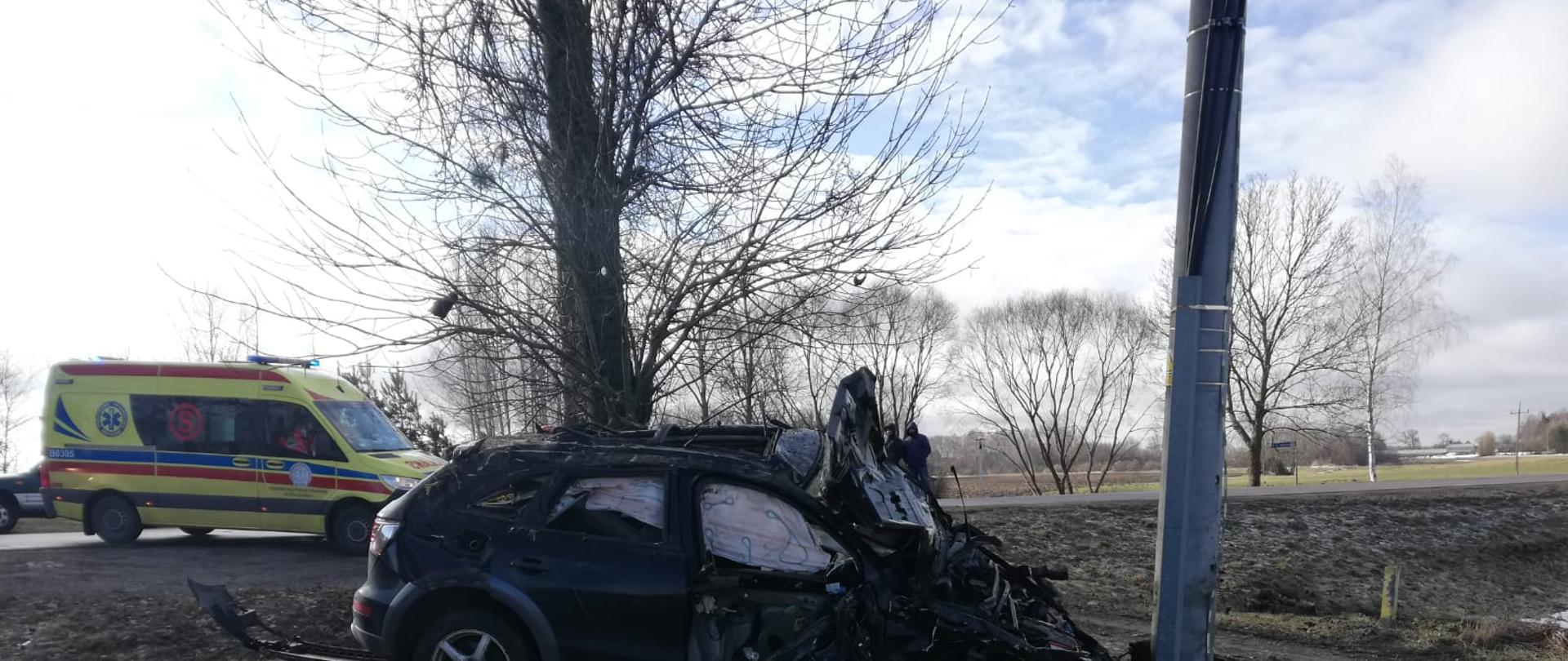 Na zdjęciu widać samochód uczestniczący w wypadku. W tle widać pojazd Państwowego Ratownictwa Medycznego