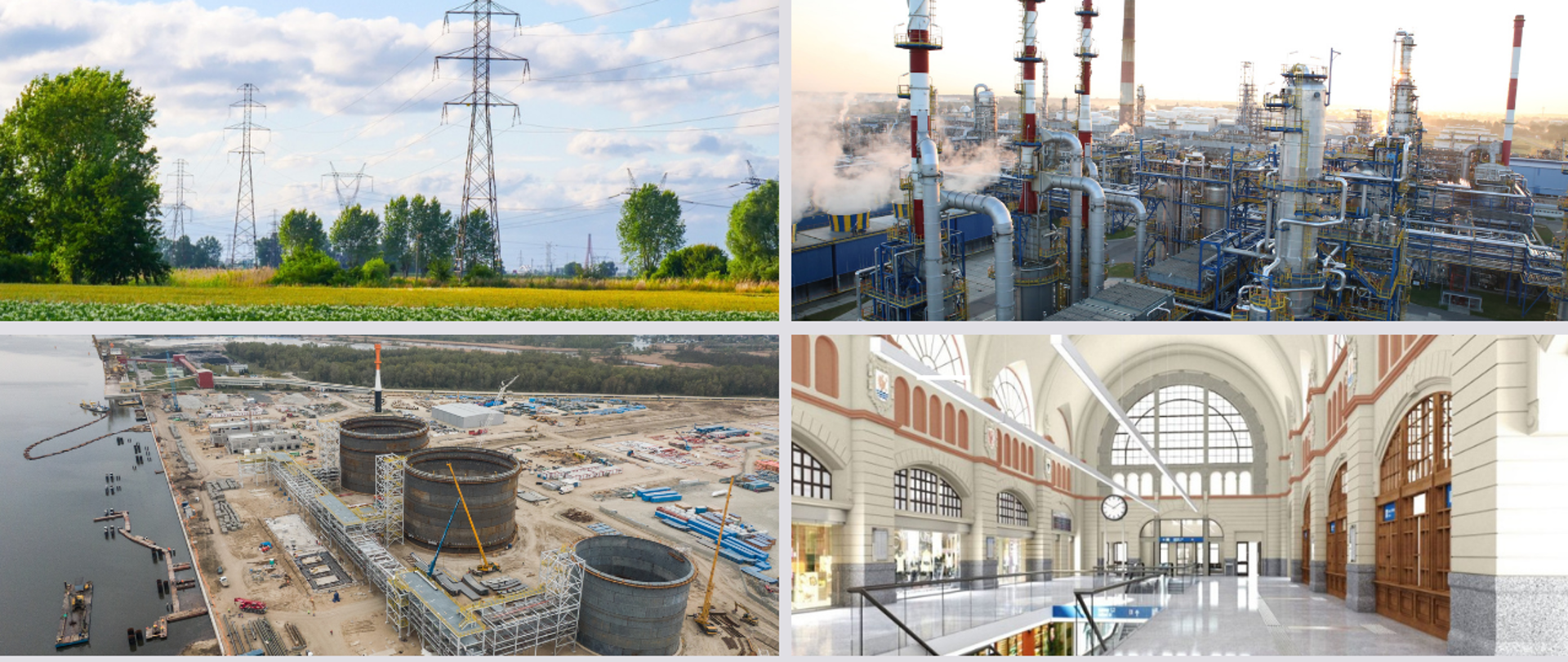 Kolaż czterech zdjęć. Zgodnie z ruchem zegara - linie energetyczne na polu; zakład przemysłowy Lotusu: budynki i kominy, budowa Polimerów Azoty: plac z lotu ptaka, maszyny budowlane, rury, silosy; wizualizacja Dworca PKP Gdańsk Główny: odnowiona hala główna