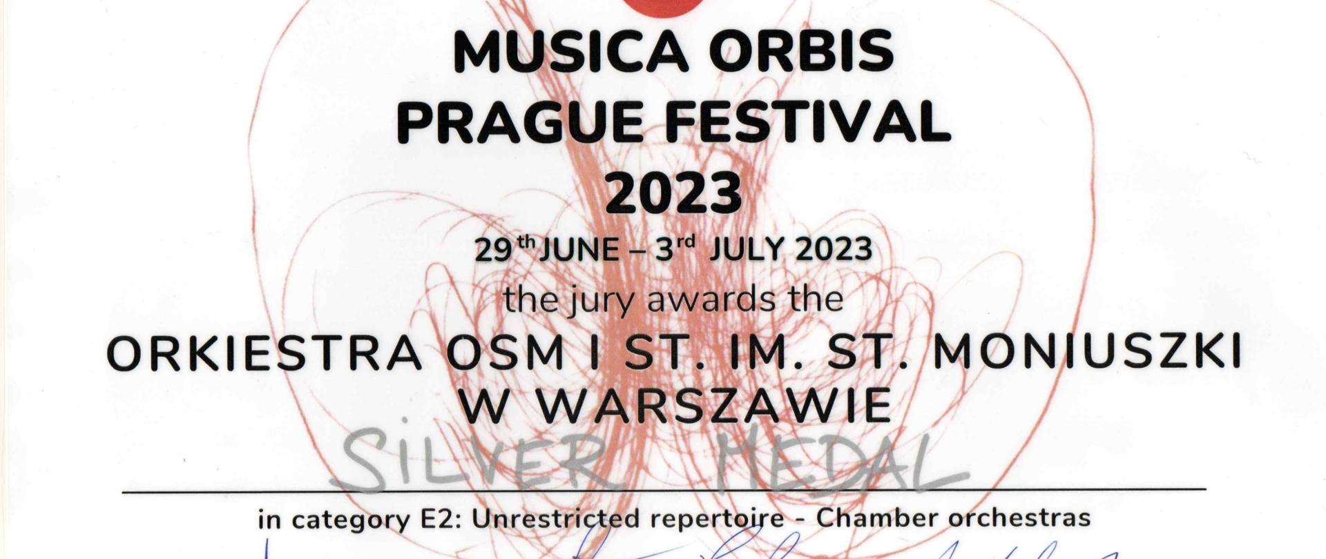 Na zdjęciu nazwa festiwalu, data festiwalu, nazwa orkiestry, potwierdzenie otrzymania srebrnego medalu
