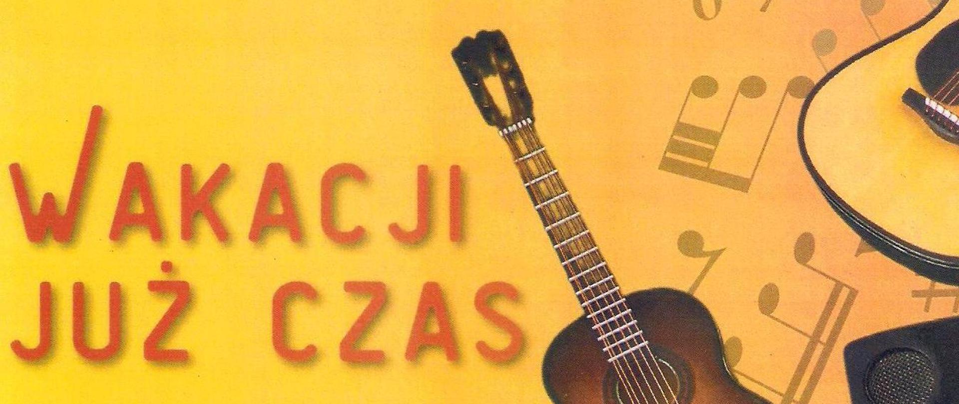z prawej strony gitara akustyczna, elektryczna oraz keyboard, za nimi nuty oraz klucze wiolinowe i basowe, całość na żółtym tle
