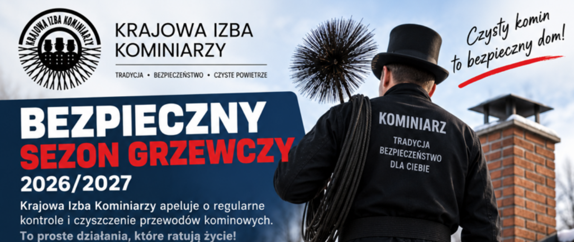 Baner Krajowej Izby Kominiarzy promujący bezpieczny sezon grzewczy 2026/2027. Na tle zimowego domu i komina stoi kominiarz z miotłą kominiarską. Hasło: „Czysty komin to bezpieczny dom!” oraz apel o regularne kontrole i czyszczenie przewodów kominowych.