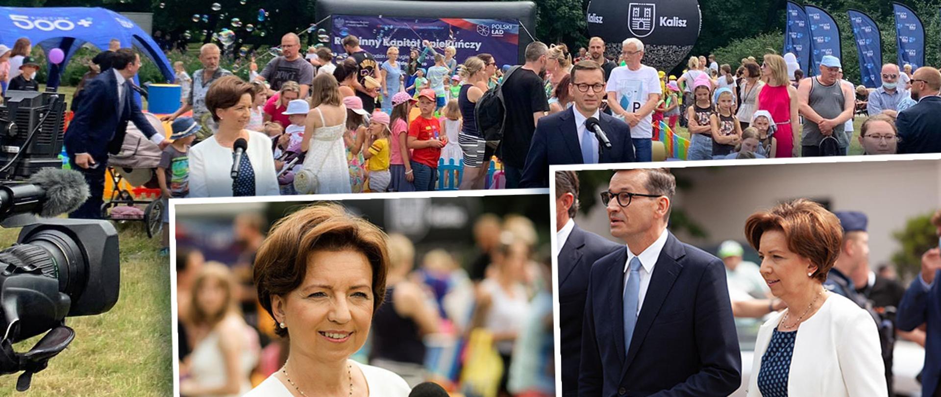 Kolaż zdjęć z rodzinnego pikniku w Kaliszu. Na zdjęciach minister Maląg i premier Morawiecki w otoczeniu uczestników pikniku.