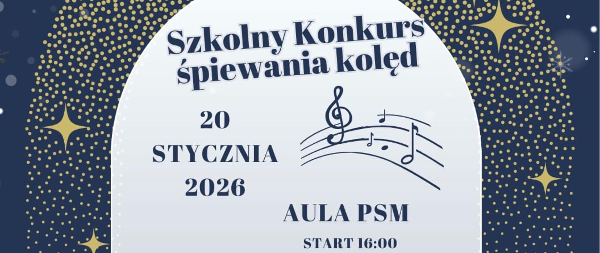 Plakat na niebieskim tle z zimowymi akcentami informujący o szkolnym konkursie śpiewania kolęd 20.01.2026