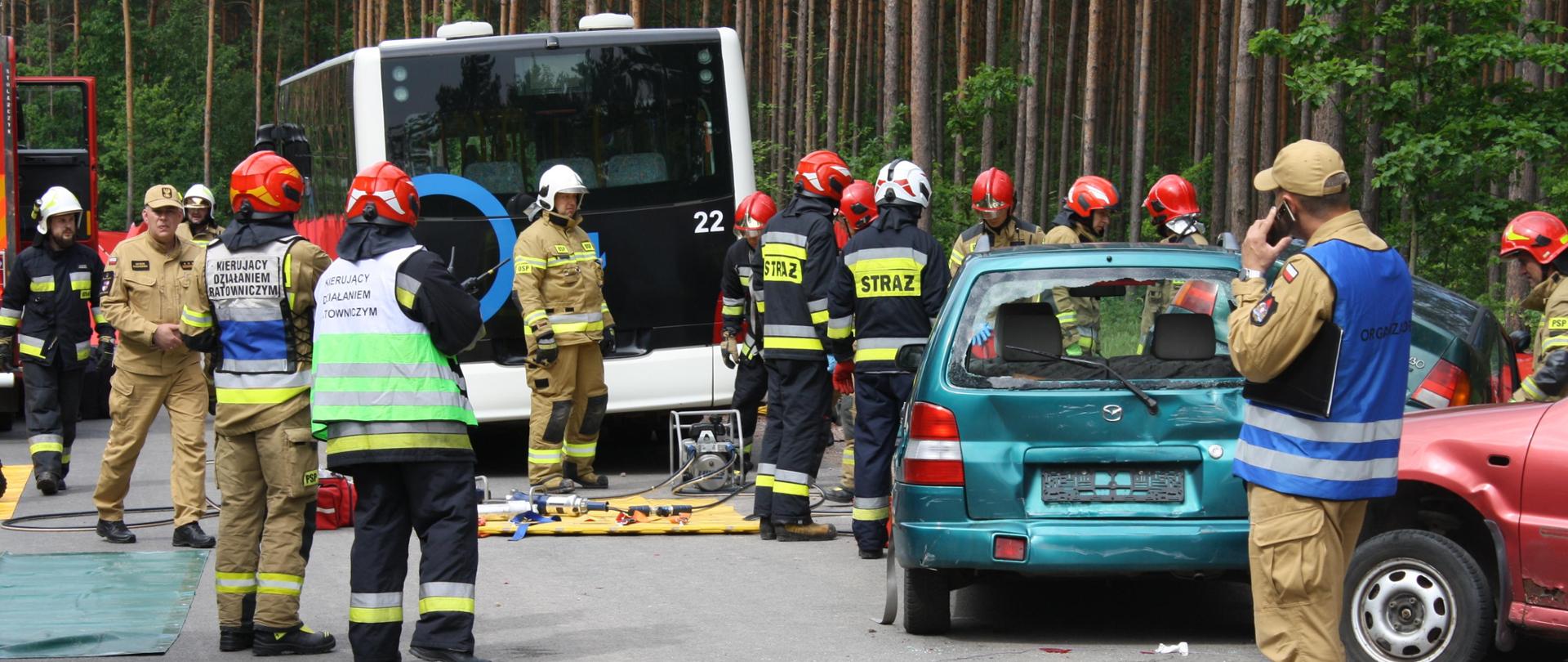 Służby ratownicze podczas zdarzenia drogowego, w tle las