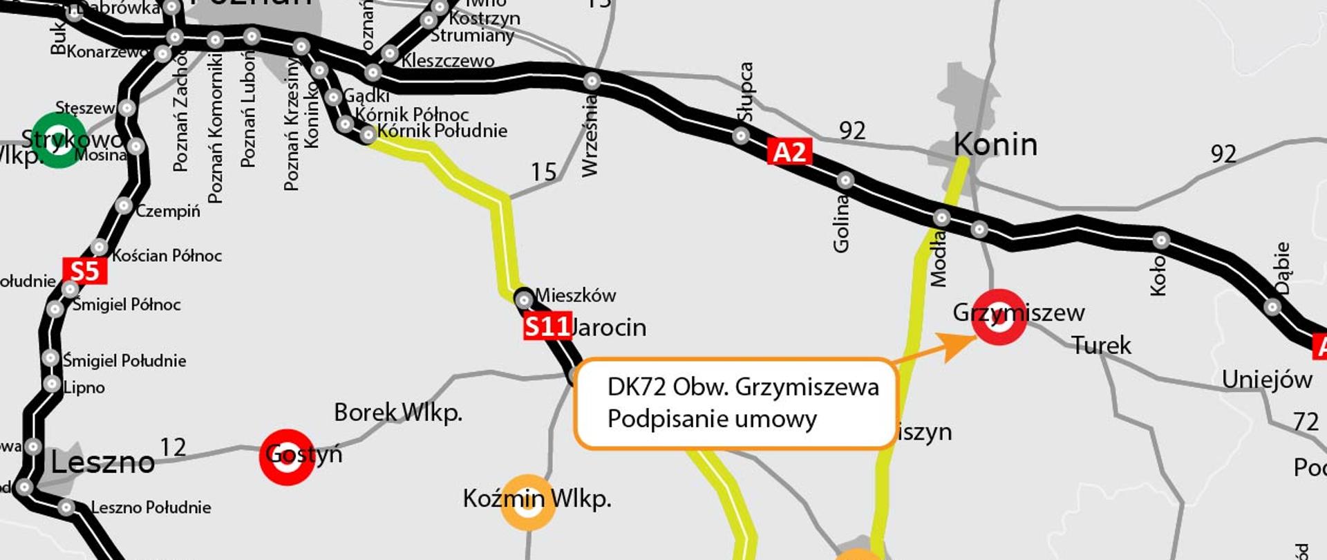 Mapa obw. Grzymiszewa w ciągu DK72