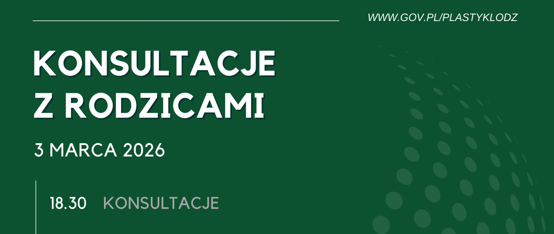 Wielobarwna grafika informująca o terminie konsultacji z rodzicami: 3 marca 2026, 18.30