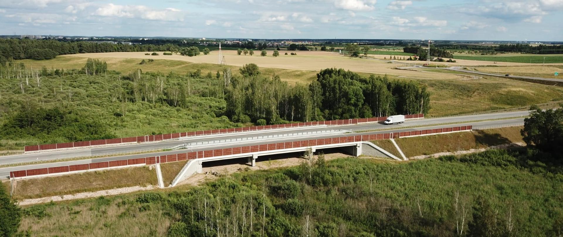 Droga przecinająca łąki i las, pod nią przejście dla zwierząt, widok lekko z góry 