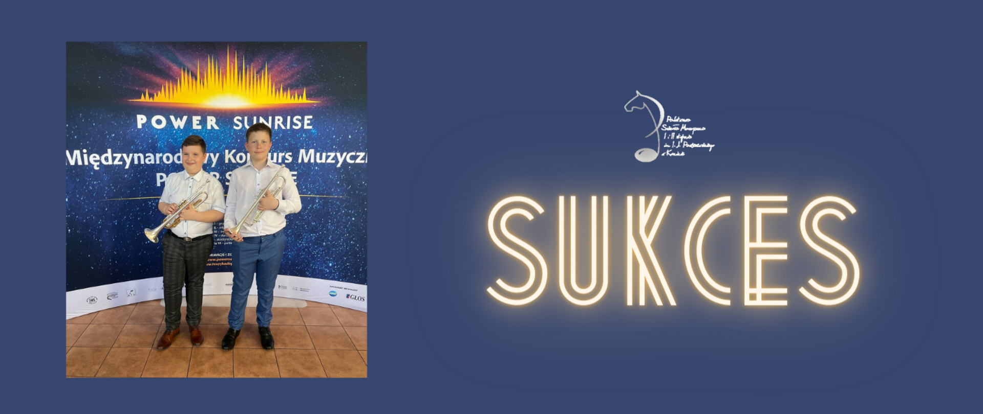 Baner sukces ze zdjęciem Laureatów Power Sunrise z trąbkami.
